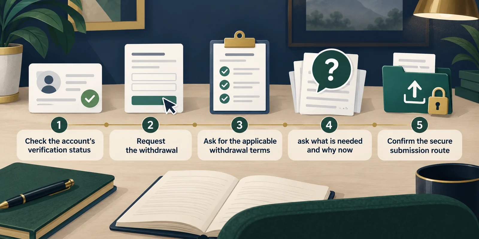 Landscape editorial process diagram showing five steps for handling an existing £10,000+ casino withdrawal, from checking verification status to confirming the secure submission route.