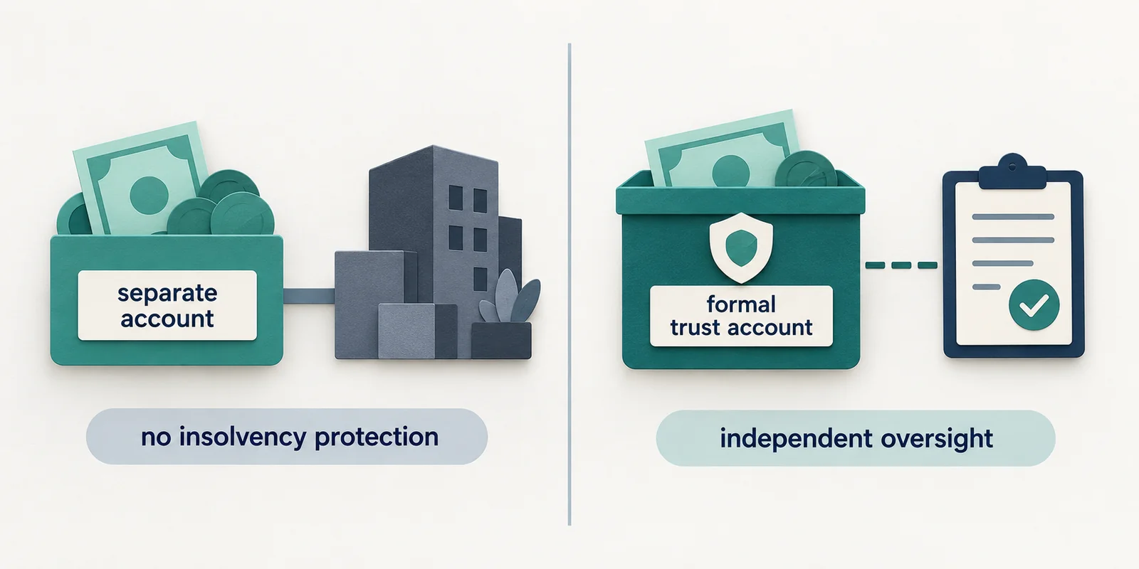 Cut-paper split schematic comparing a separate account with no insolvency protection against a formal trust account with independent oversight.