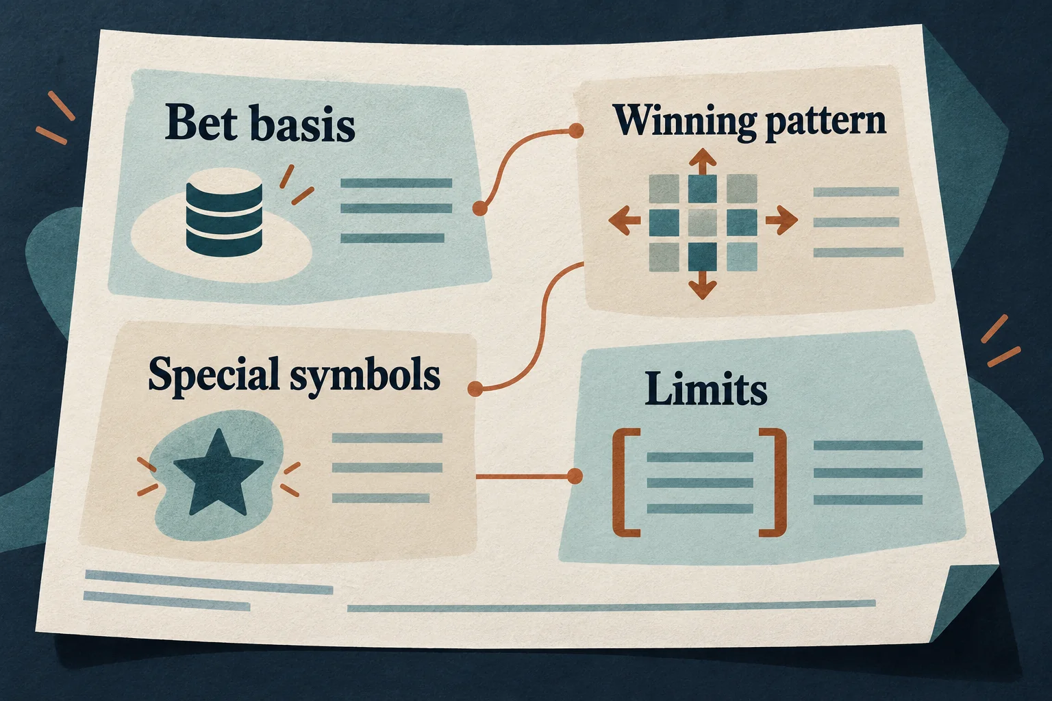 Cut-paper screen-print rule sheet with four labelled inspection areas: Bet basis, Winning pattern, Special symbols and Limits, connected as a checklist for reading slot game rules.