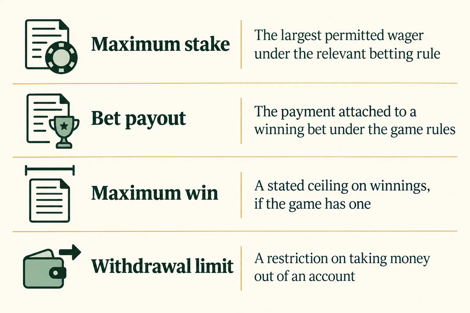 Four-row comparison in green and ivory distinguishes maximum stake, bet payout, maximum win and withdrawal limit, pairing each term with its definition and a simple icon.