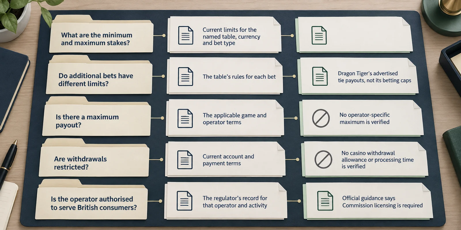 Landscape infographic on a desk showing five comparison rows that separate limit questions from required evidence and what the supplied sources establish, using document cards and neutral not-verified markers.